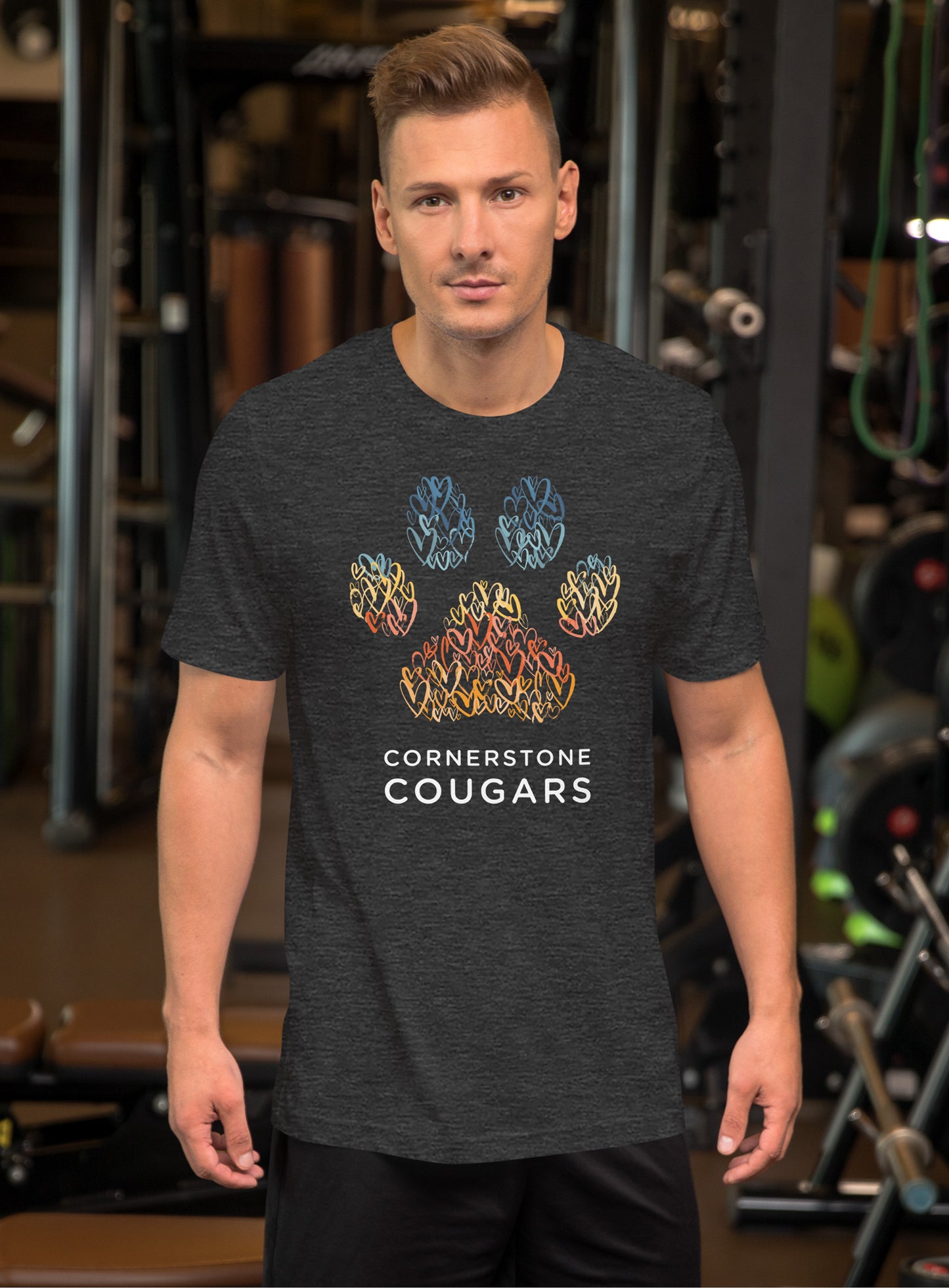 Unisex: Cornerstone Cougars Pawsitive Vibes Tee- Dark Grey Heather