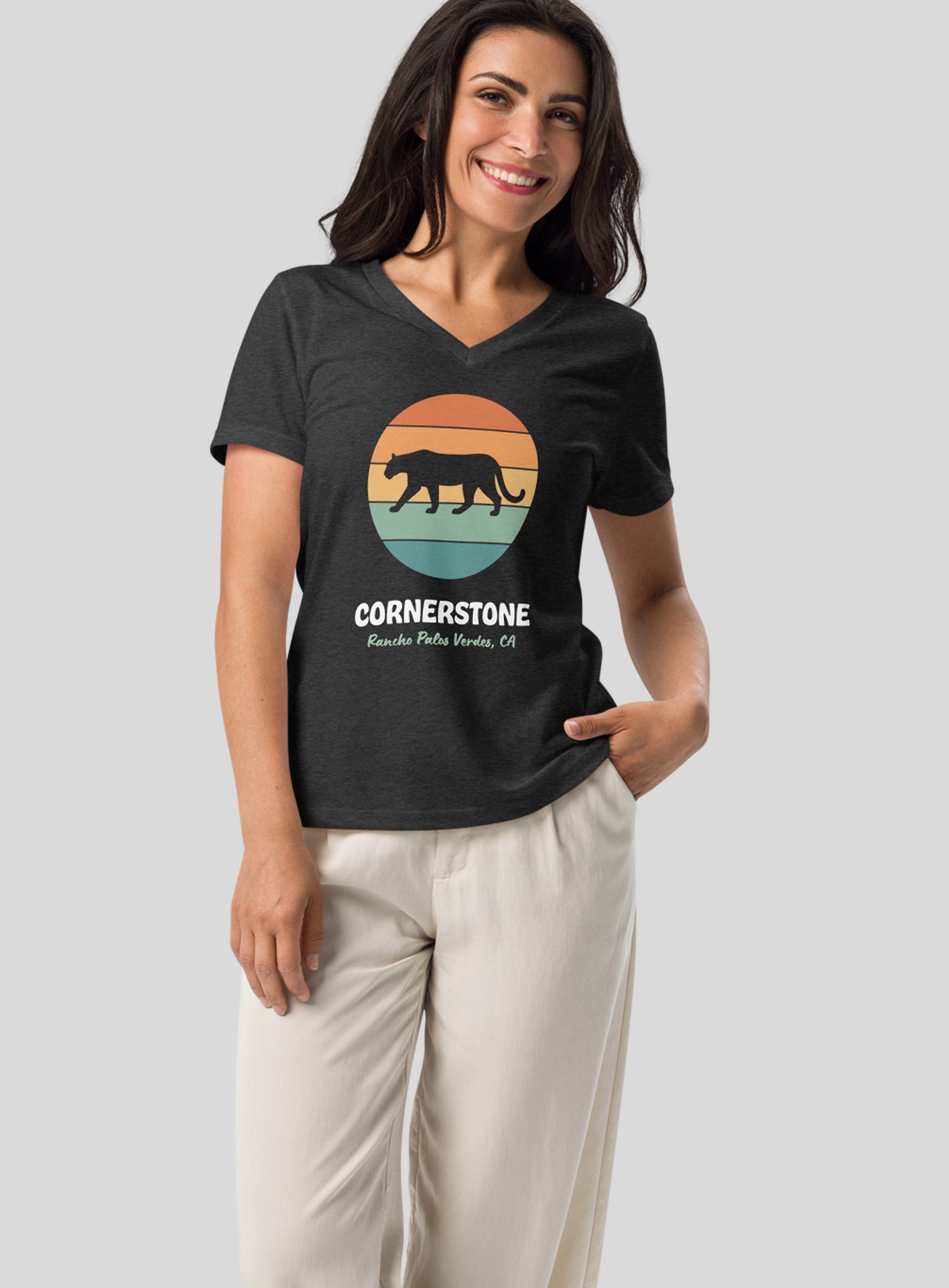 V-Neck: Cornerstone Cougars Pride Tee - Dark Grey Heather