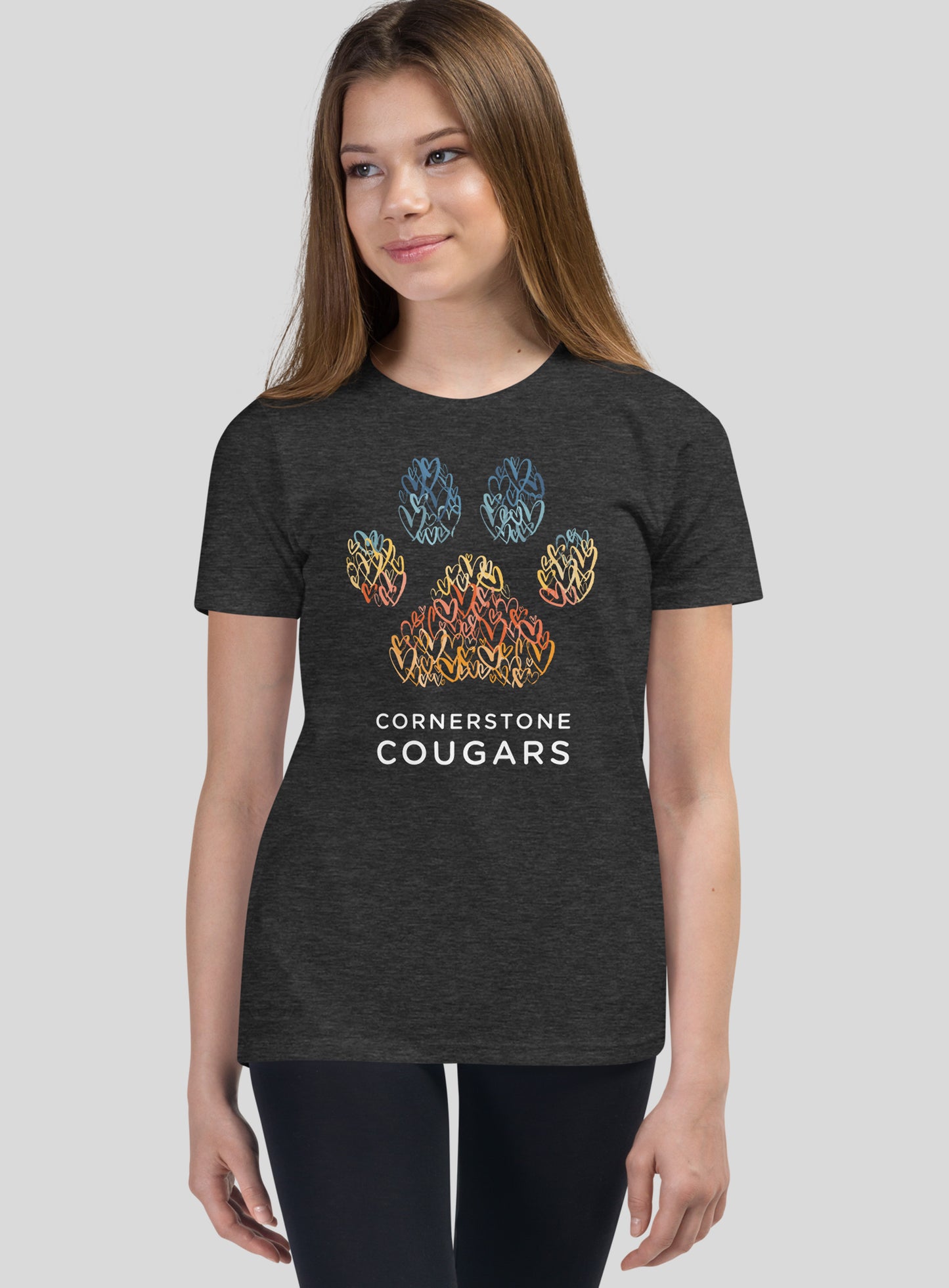 Youth: Cornerstone Cougars Pawsitive Vibes Tee- Dark Grey Heather