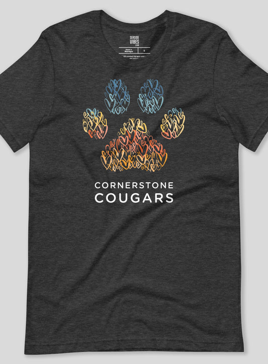 Unisex: Cornerstone Cougars Pawsitive Vibes Tee- Dark Grey Heather