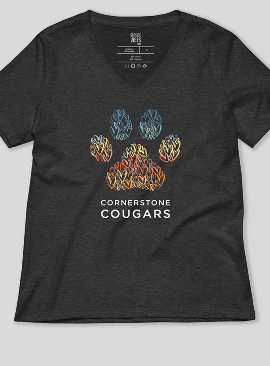 V-Neck: Cornerstone Cougars Pawsitive Vibes Tee - Dark Grey Heather