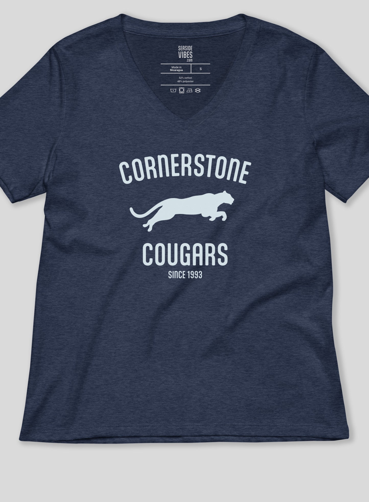 V-Neck: Run with the Cougars Tee - Heather Navy