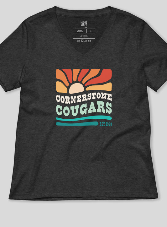 V-Neck: Cornerstone Cougars Beach Vibes Tee - Dark Grey Heather