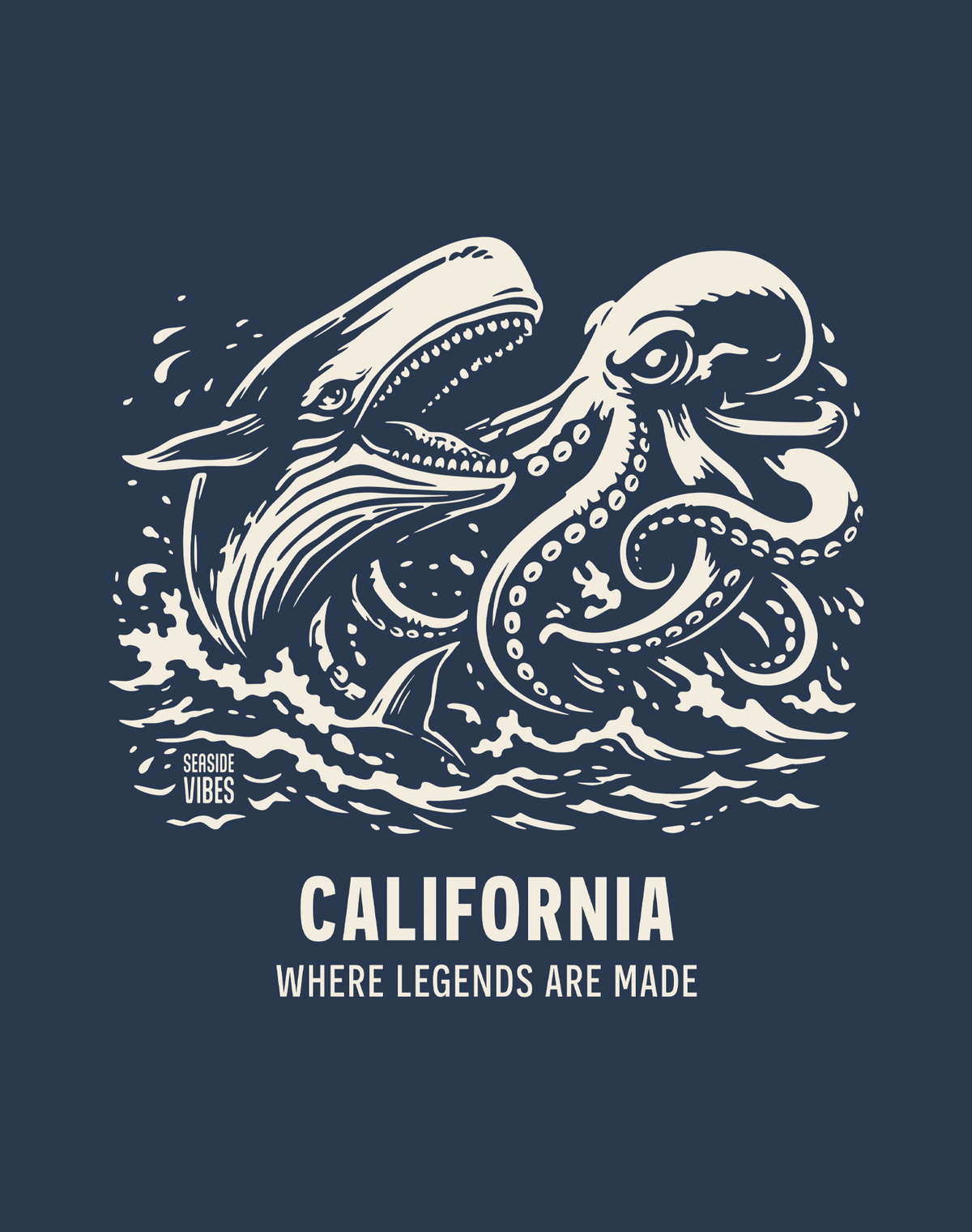 California Octopus vs Whale Legends Tee - Cotton Blend | Midnight Navy