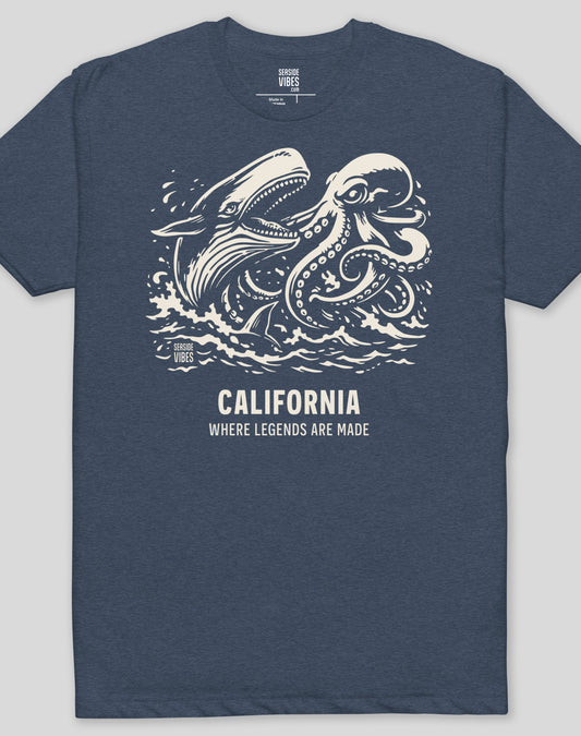 California Octopus vs Whale Legends Tee - Cotton Blend | Midnight Navy