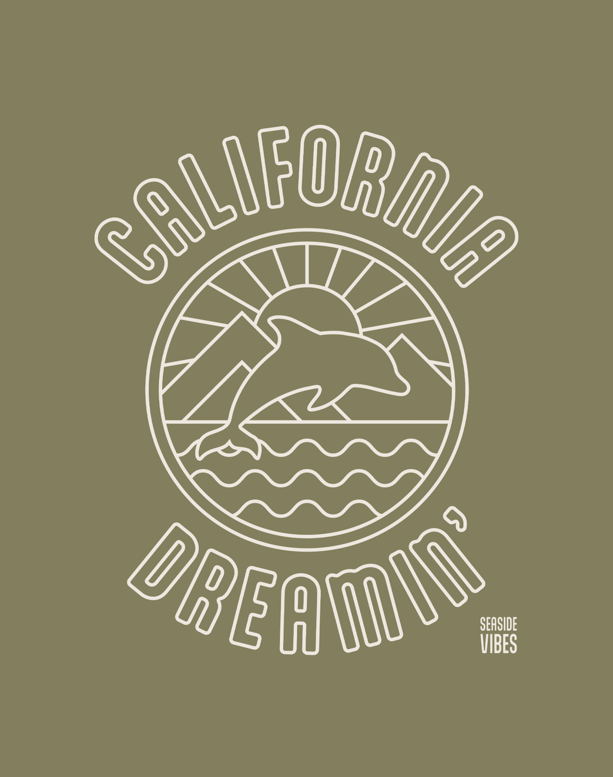 California Dreamin' Dolphin Sunrise Tee - Cotton Blend | Military Green