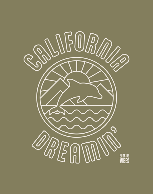 California Dreamin' Dolphin Sunrise Tee - Cotton Blend | Military Green