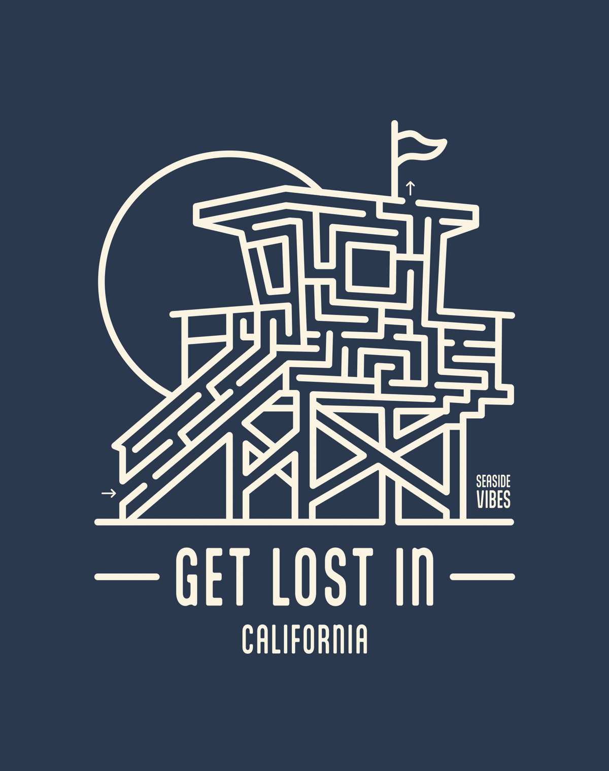 Get Lost In California Lifeguard Tower Maze Tee - Cotton Blend | Midnight Navy