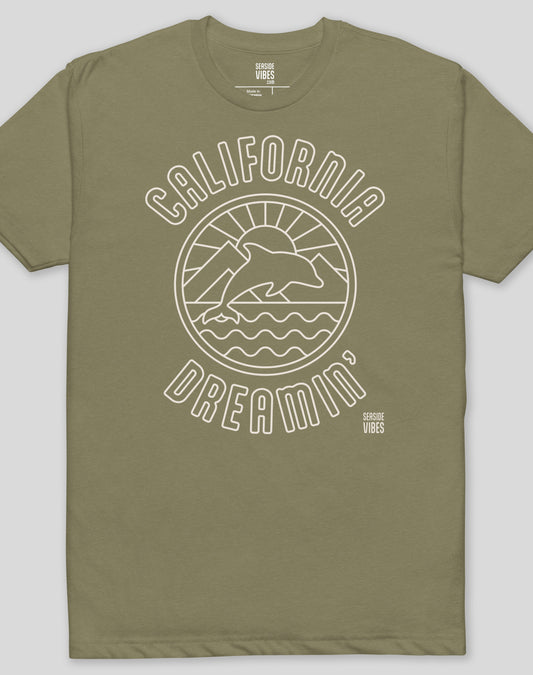 California Dreamin' Dolphin Sunrise Tee - Cotton Blend | Military Green