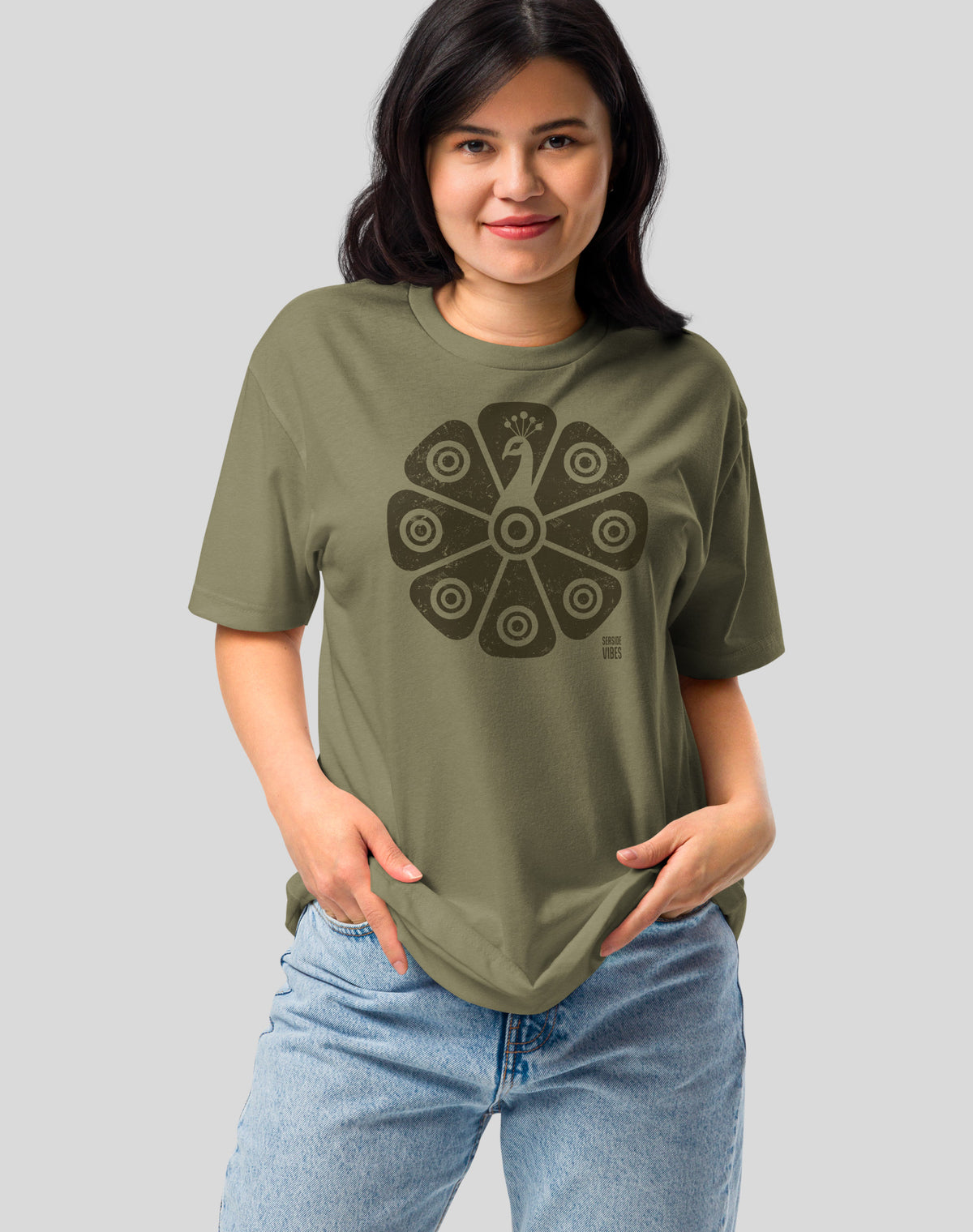 Tribal Peacock Tee - Cotton Blend | Military Green