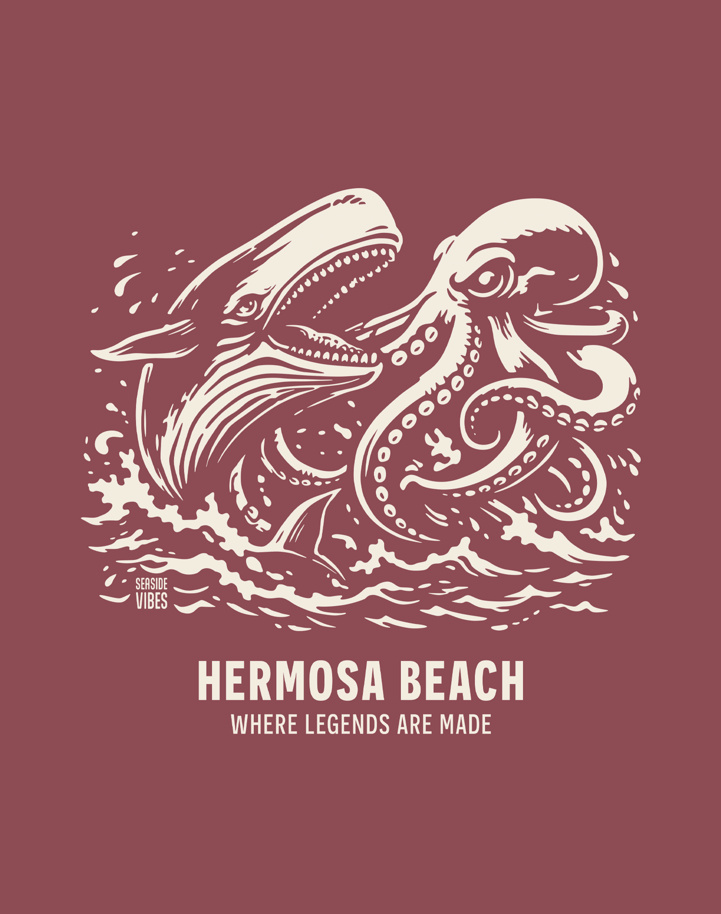 Unisex: Hermosa Beach Octopus vs Whale Legends Tee - 100% Cotton | Brick