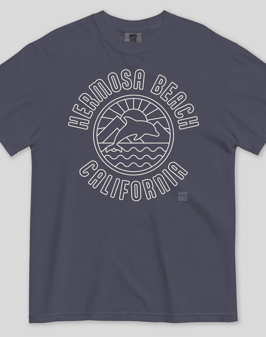 Unisex: Hermosa Beach Dolphin Sunrise Tee - 100% Cotton | Navy