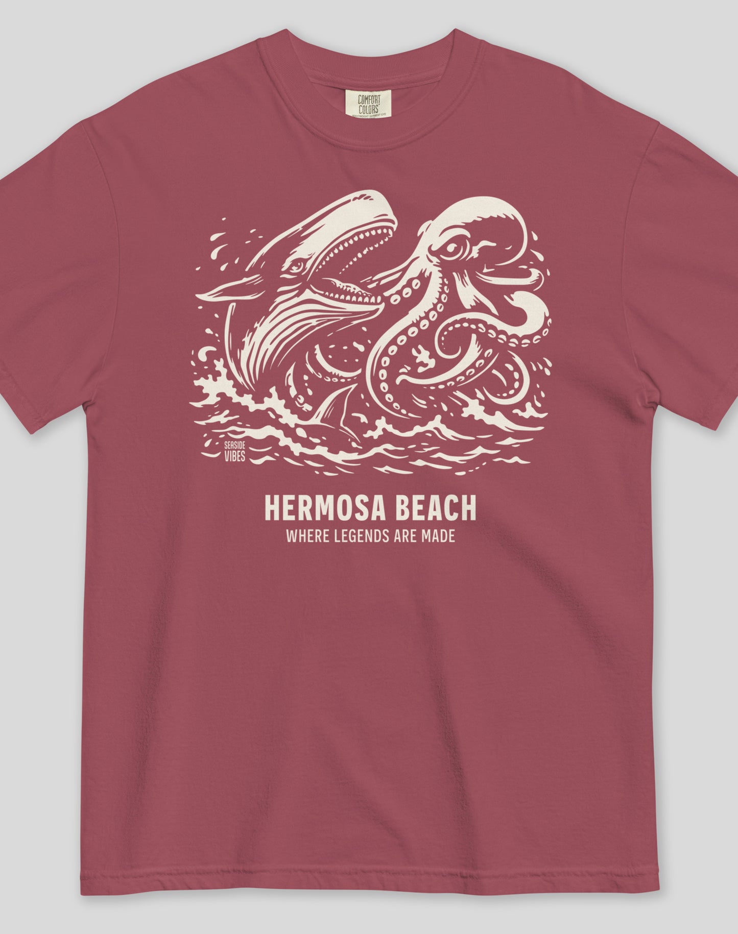 Unisex: Hermosa Beach Octopus vs Whale Legends Tee - 100% Cotton | Brick