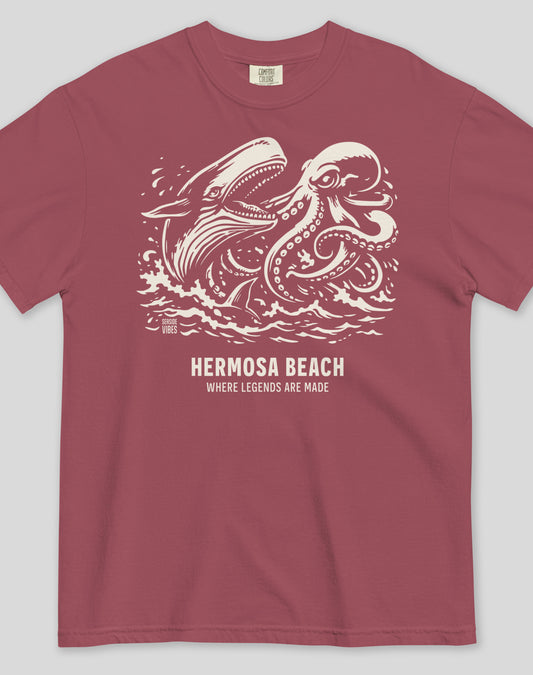 Unisex: Hermosa Beach Octopus vs Whale Legends Tee - 100% Cotton | Brick