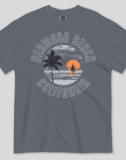 Unisex: Vintage Hermosa Beach Sunset Tee - 100% Cotton | Denim