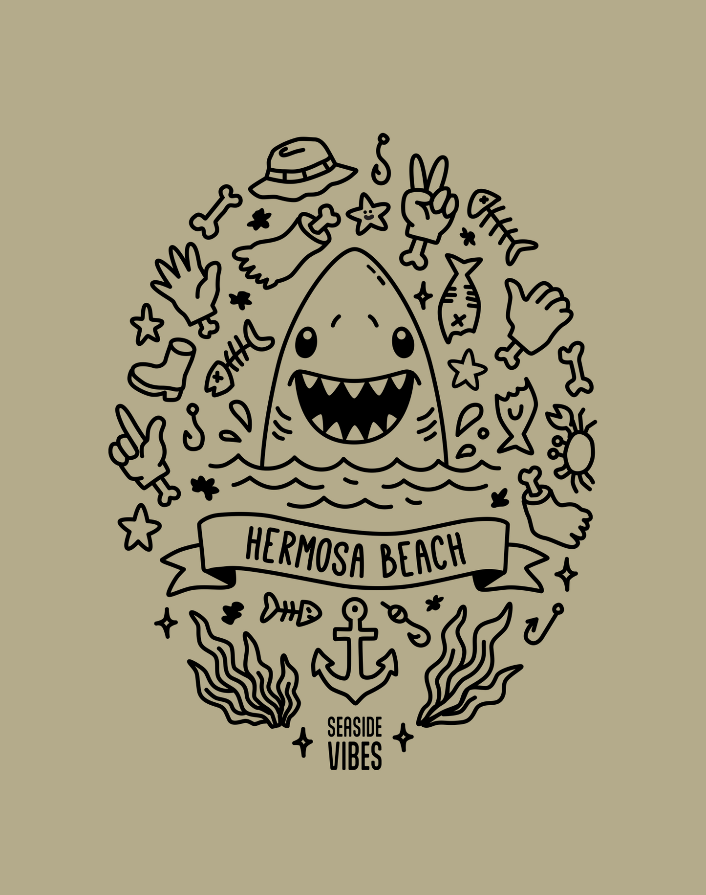 Unisex: Hermosa Beach Shark Attack! Tee - 100% Cotton | Khaki