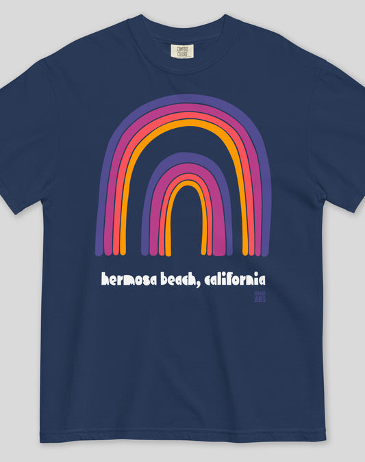 Unisex: Hermosa Beach Double Rainbow Tee - 100% Cotton | True Navy