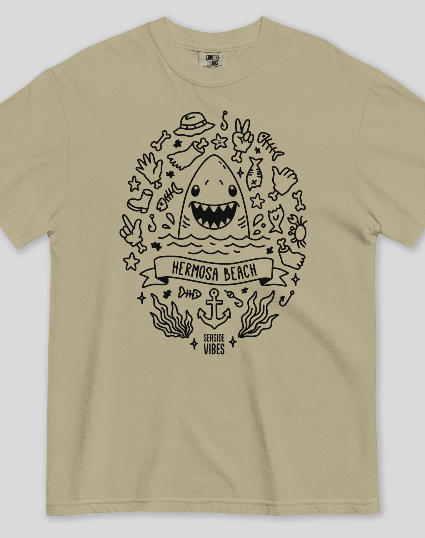 Unisex: Hermosa Beach Shark Attack! Tee - 100% Cotton | Khaki