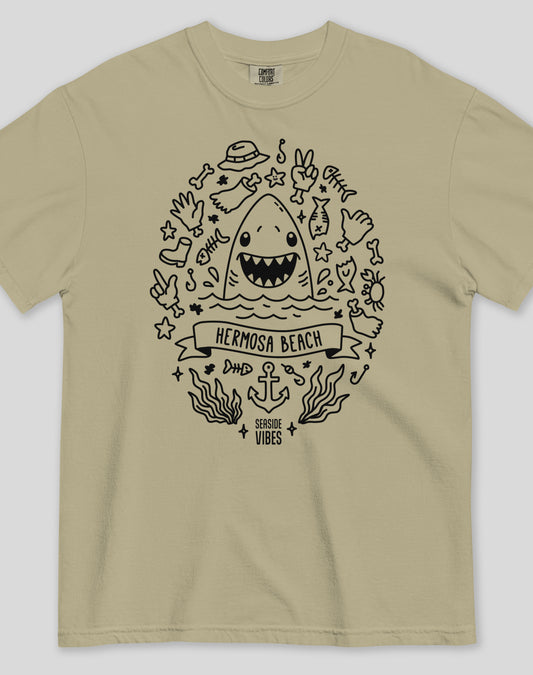 Unisex: Hermosa Beach Shark Attack! Tee - 100% Cotton | Khaki