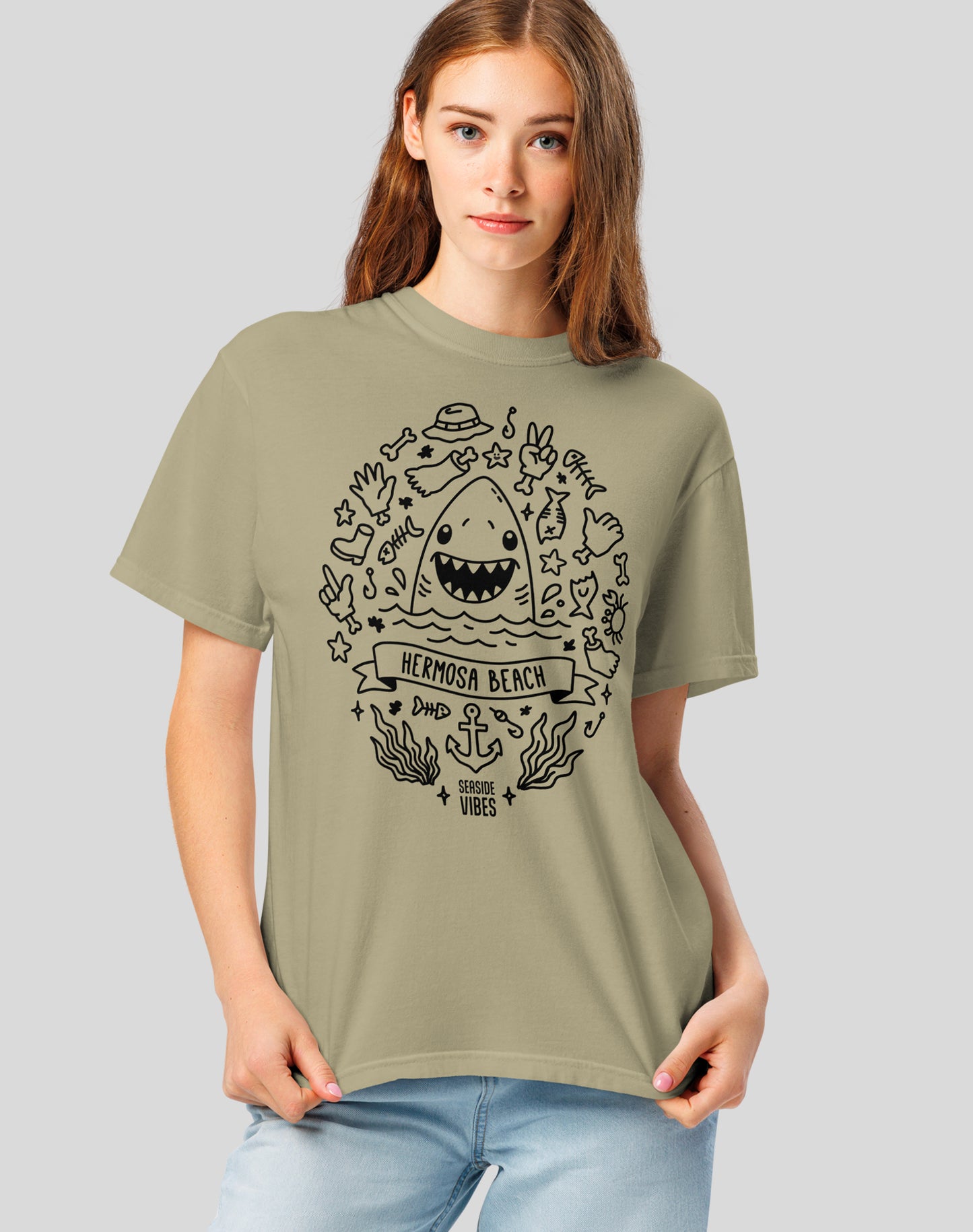 Unisex: Hermosa Beach Shark Attack! Tee - 100% Cotton | Khaki