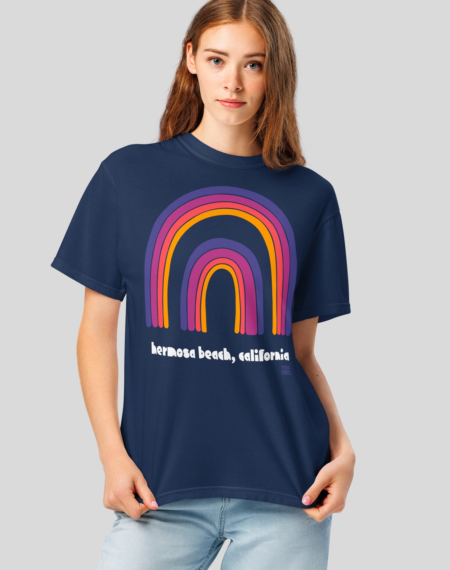 Unisex: Hermosa Beach Double Rainbow Tee - 100% Cotton | True Navy
