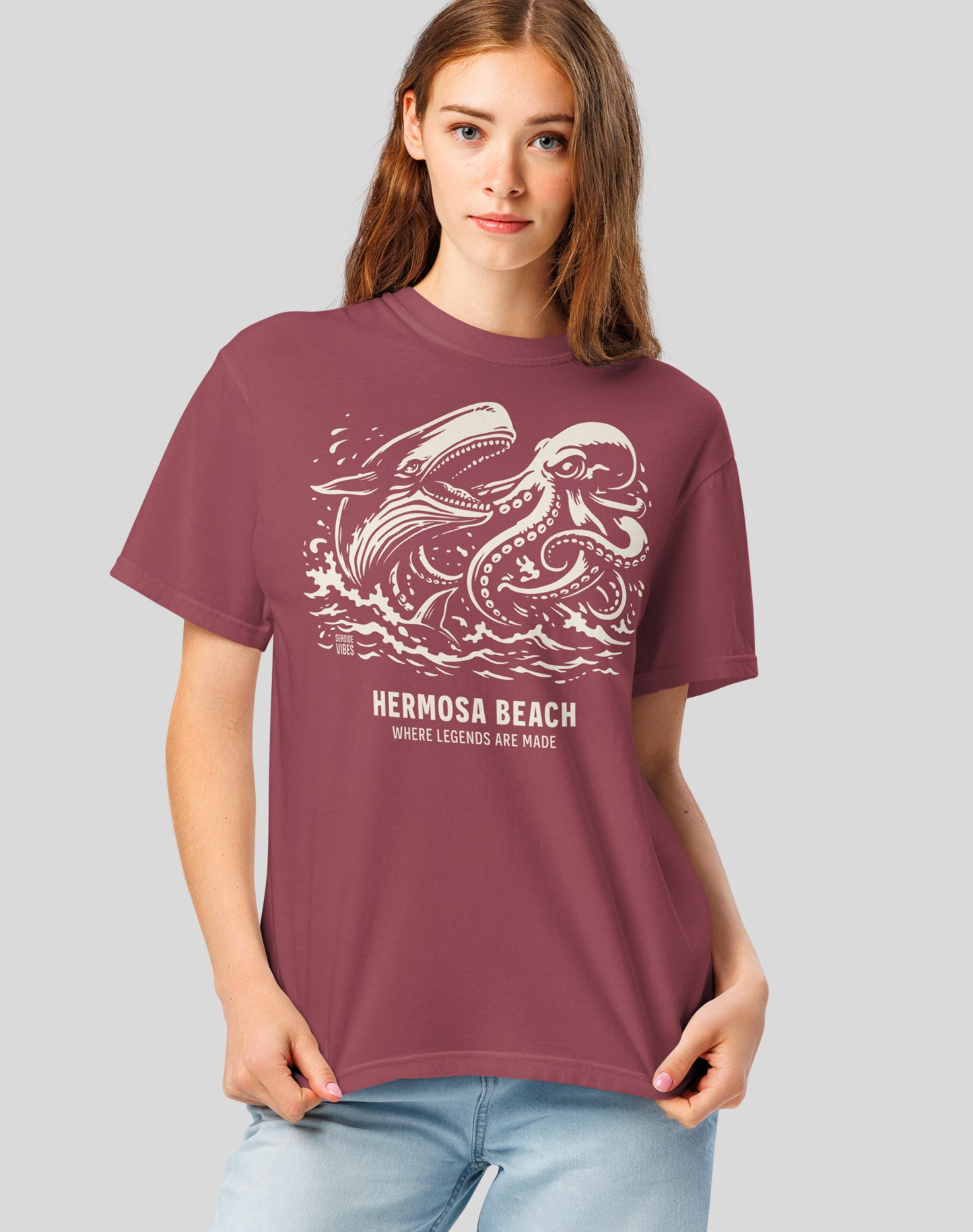 Unisex: Hermosa Beach Octopus vs Whale Legends Tee - 100% Cotton | Brick