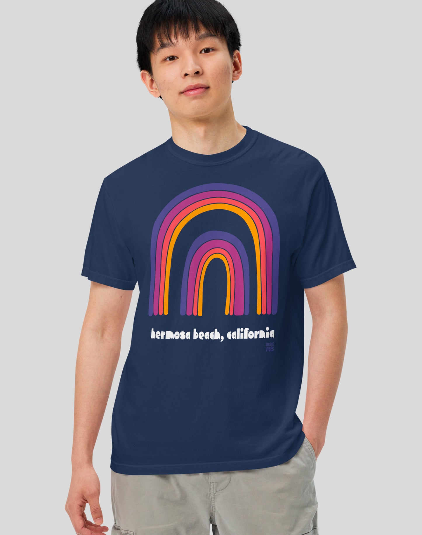 Unisex: Hermosa Beach Double Rainbow Tee - 100% Cotton | True Navy