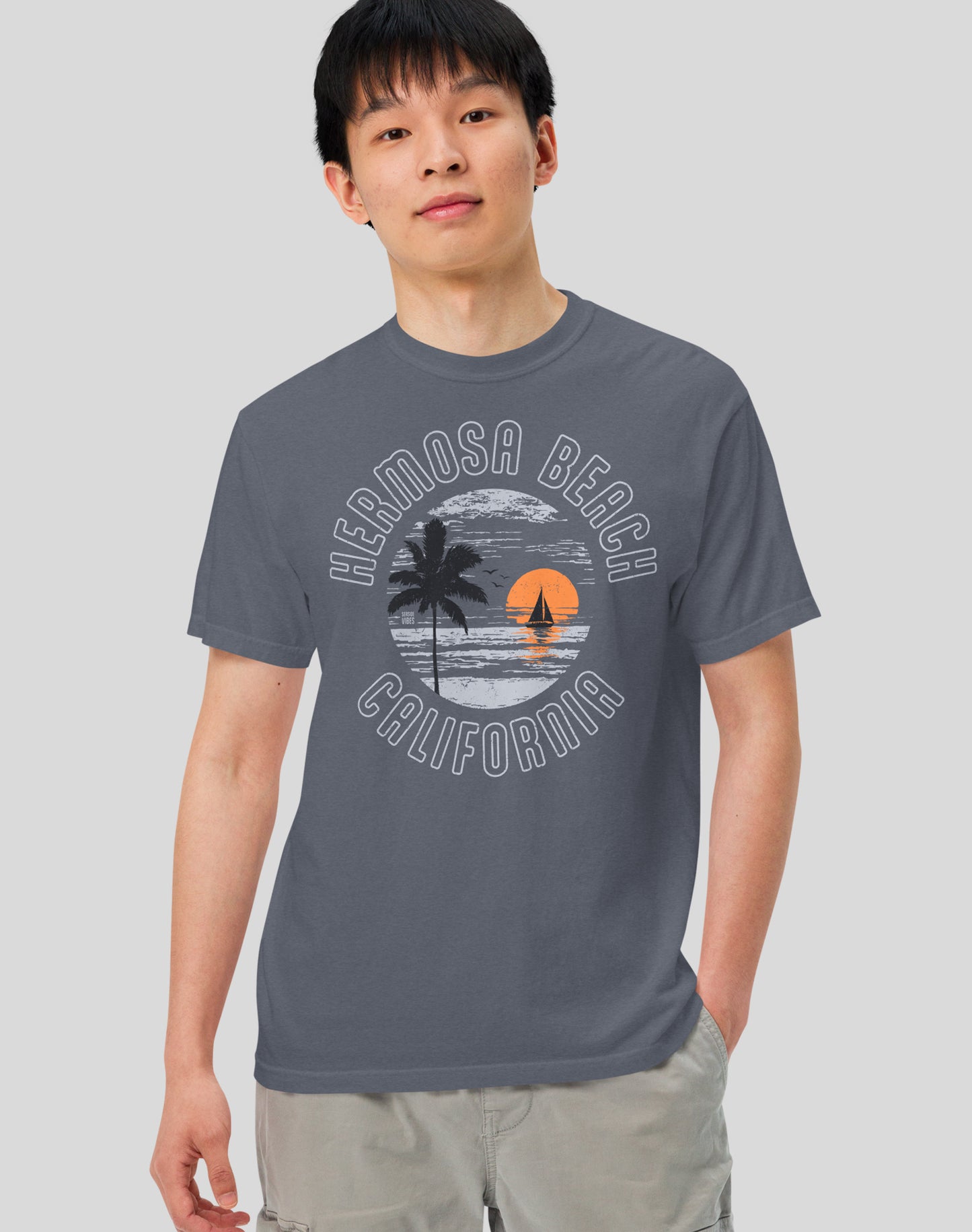Hermosa Beach Vintage Sunset Tee - Premium 100% Cotton | Denim