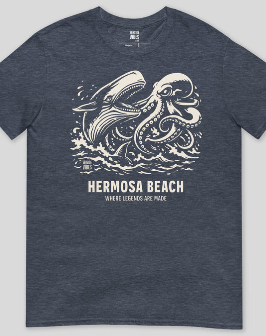 Hermosa Beach Octopus vs Whale Legends Tee - Unisex | Heather Navy