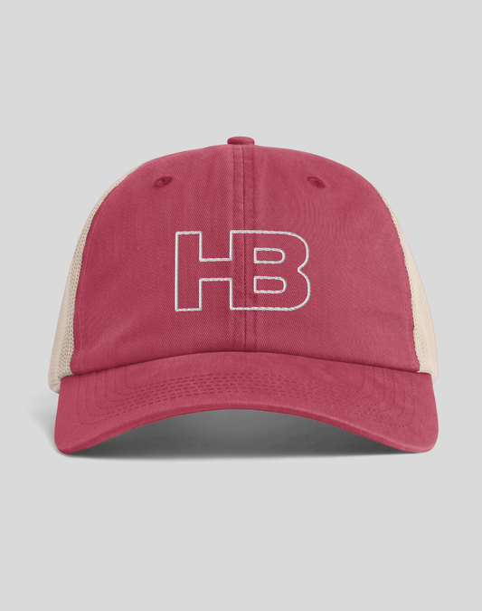 Hermosa Beach HB Sunwashed Trucker Hat | Crimson/Tan