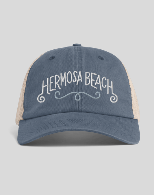 Hermosa Beach Swirl Sunwashed Trucker Hat | Denim/Tan