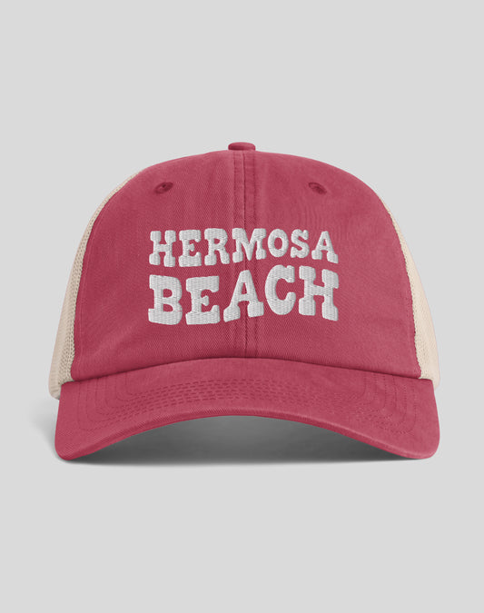 Hermosa Beach Vibes Sunwashed Trucker Hat | Crimson/Tan