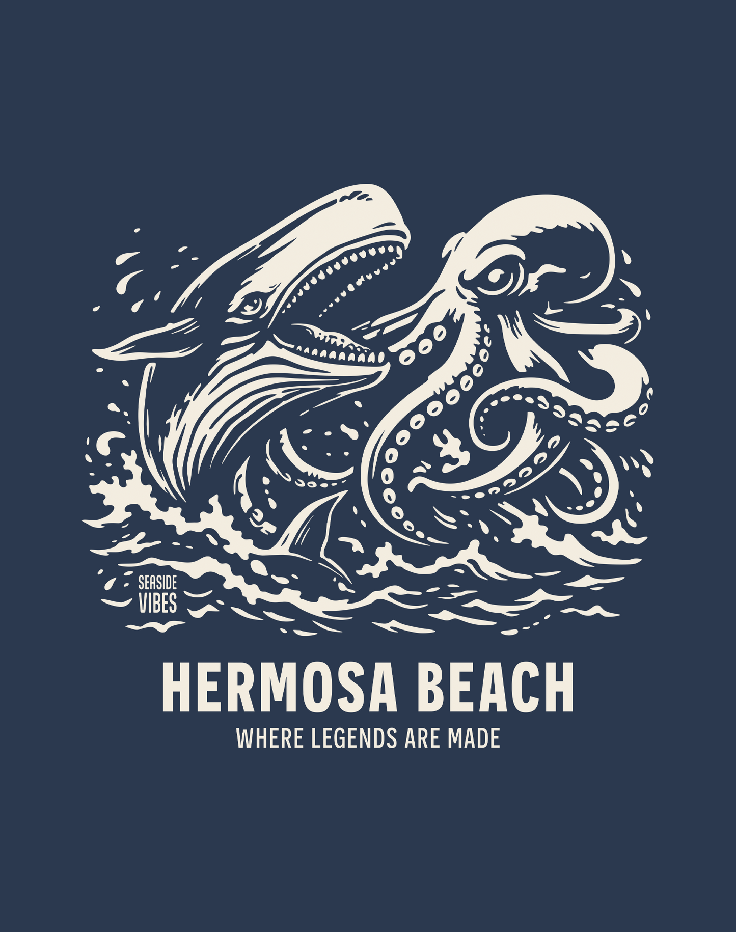 Hermosa Beach Octopus vs Whale Legends Tee - Cotton Blend | Midnight Navy