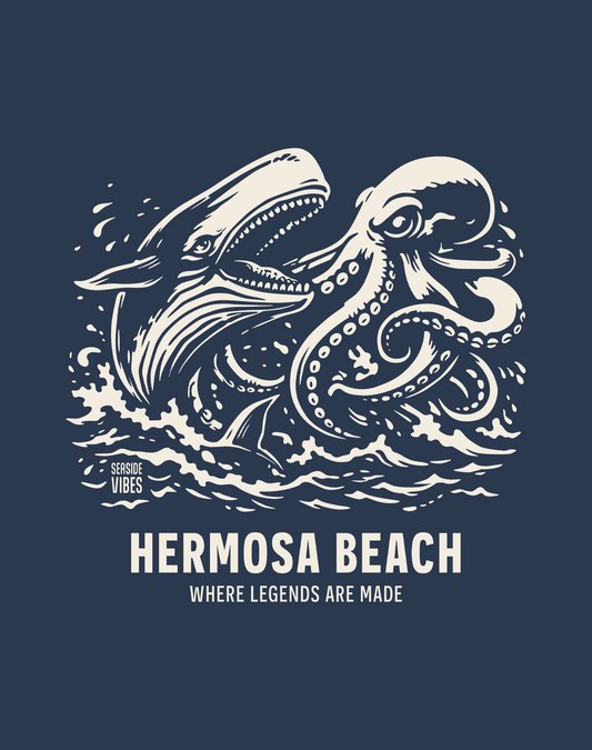 Hermosa Beach Octopus vs Whale Legends Tee - Cotton Blend | Midnight Navy