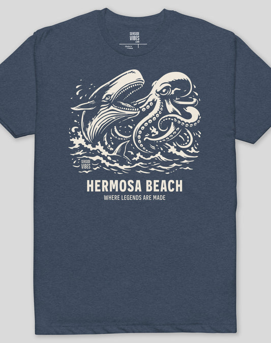 Hermosa Beach Octopus vs Whale Legends Tee - Cotton Blend | Midnight Navy