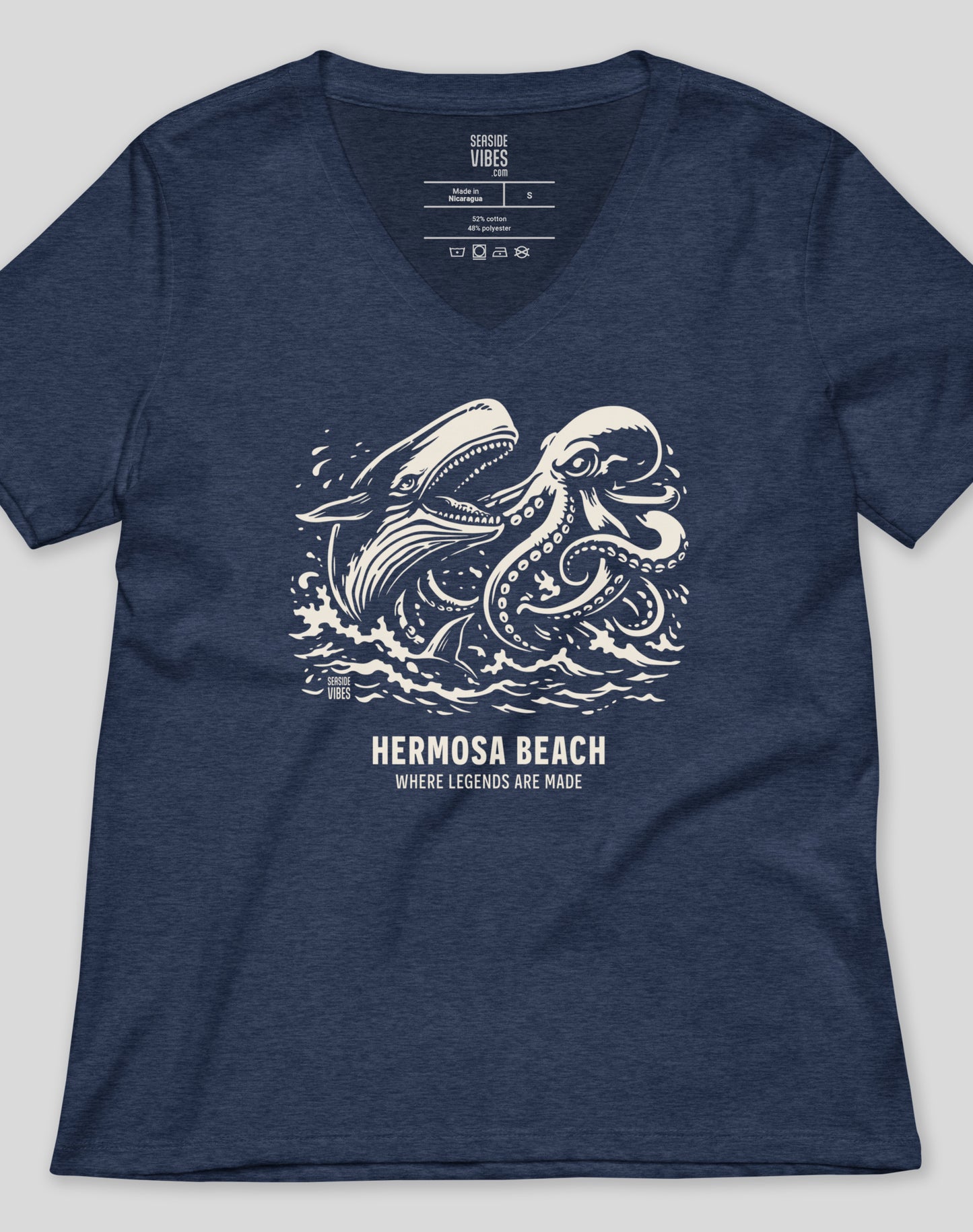 V-Neck: Hermosa Beach Octopus vs Whale Legends Tee | Heather Navy
