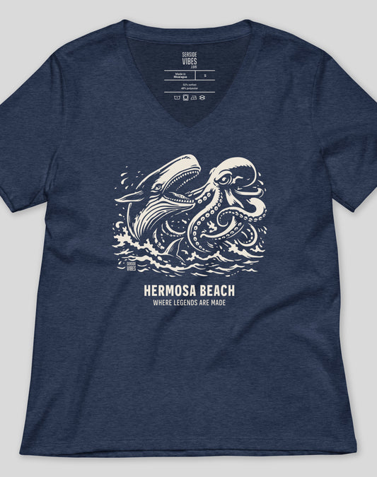 V-Neck: Hermosa Beach Octopus vs Whale Legends Tee | Heather Navy