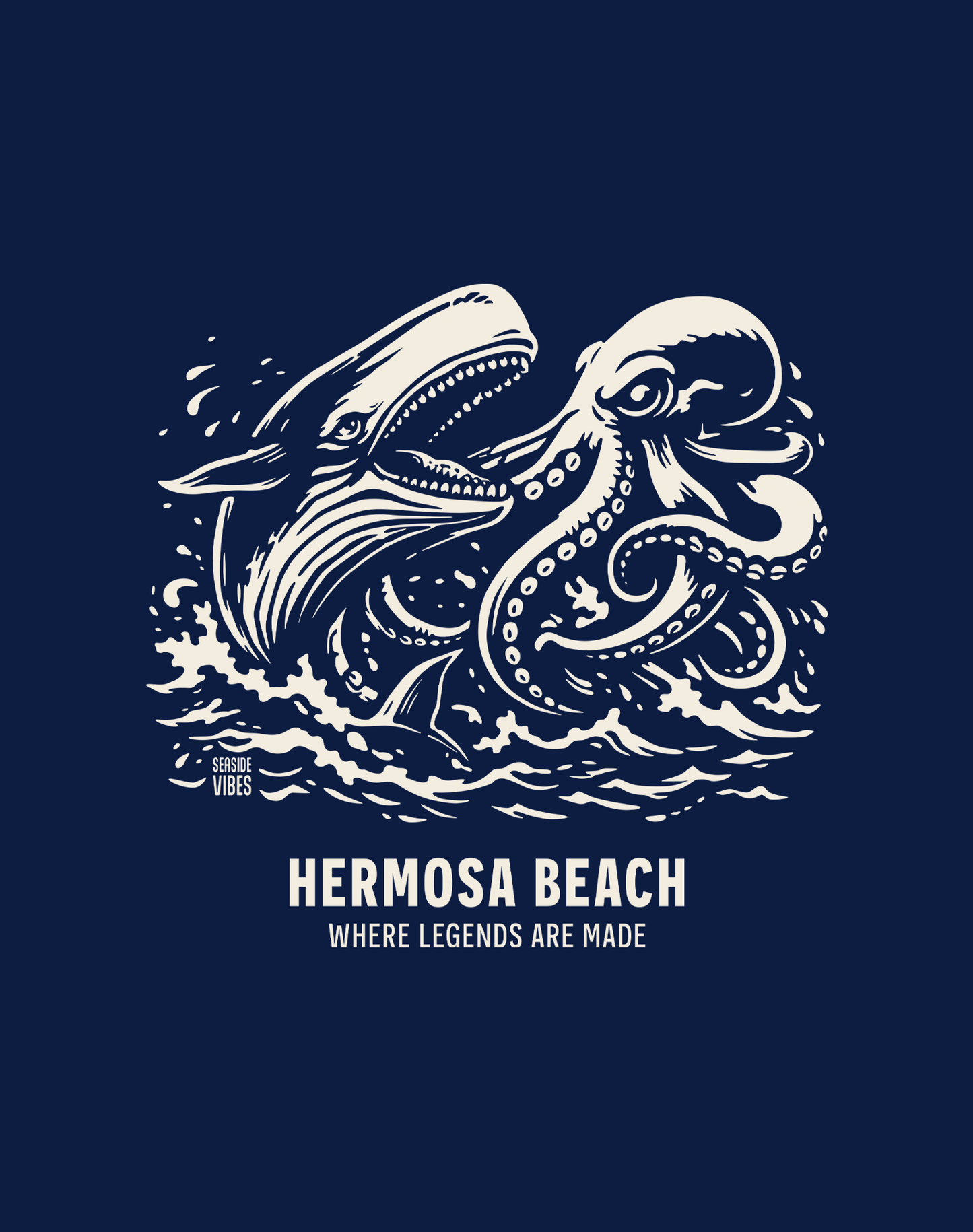 V-Neck: Hermosa Beach Octopus vs Whale Legends Tee | Heather Navy
