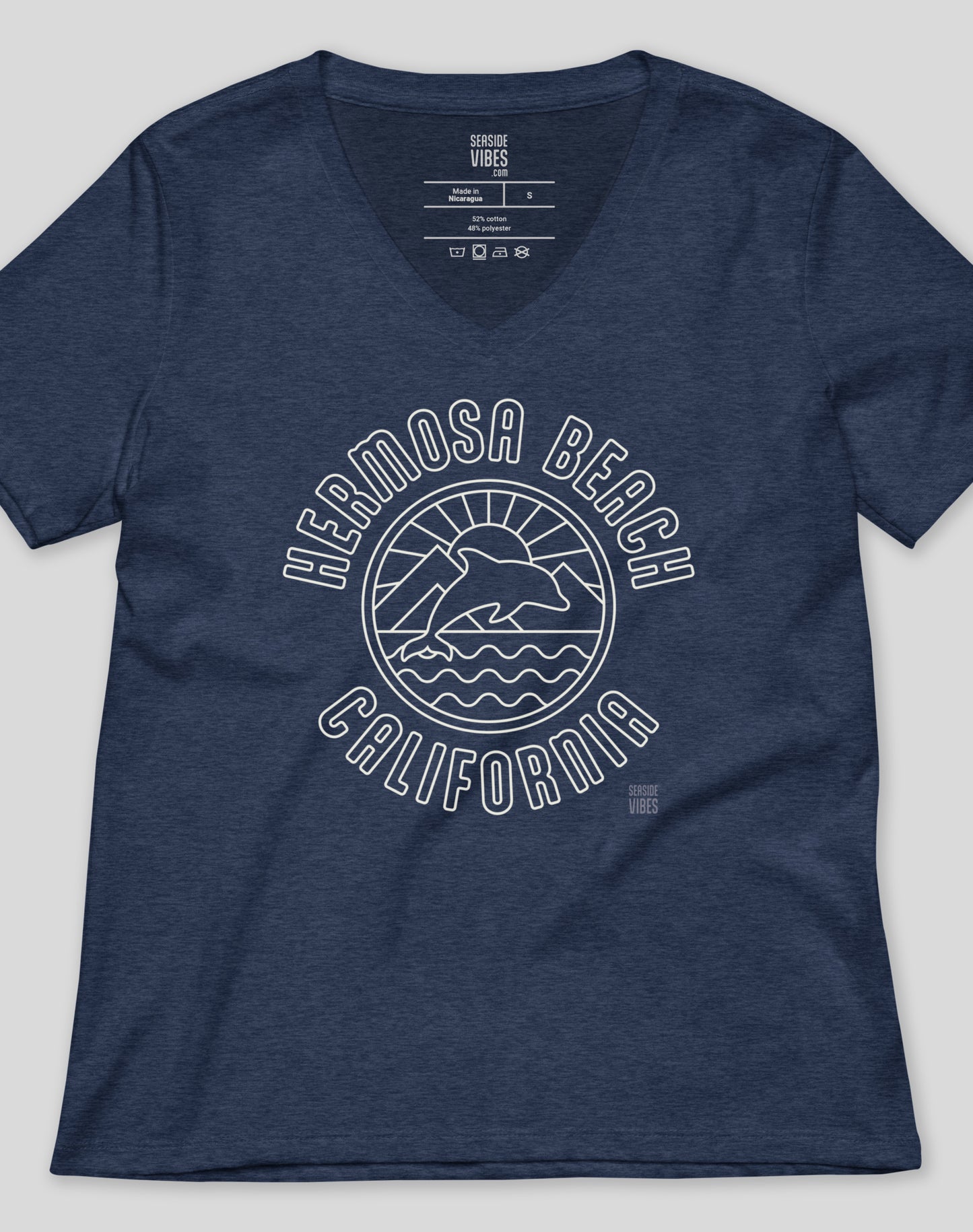 V-Neck: Hermosa Beach Dolphin Sunrise Tee - Heather Navy