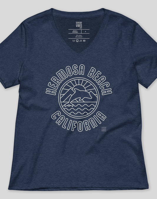 V-Neck: Hermosa Beach Dolphin Sunrise Tee - Heather Navy