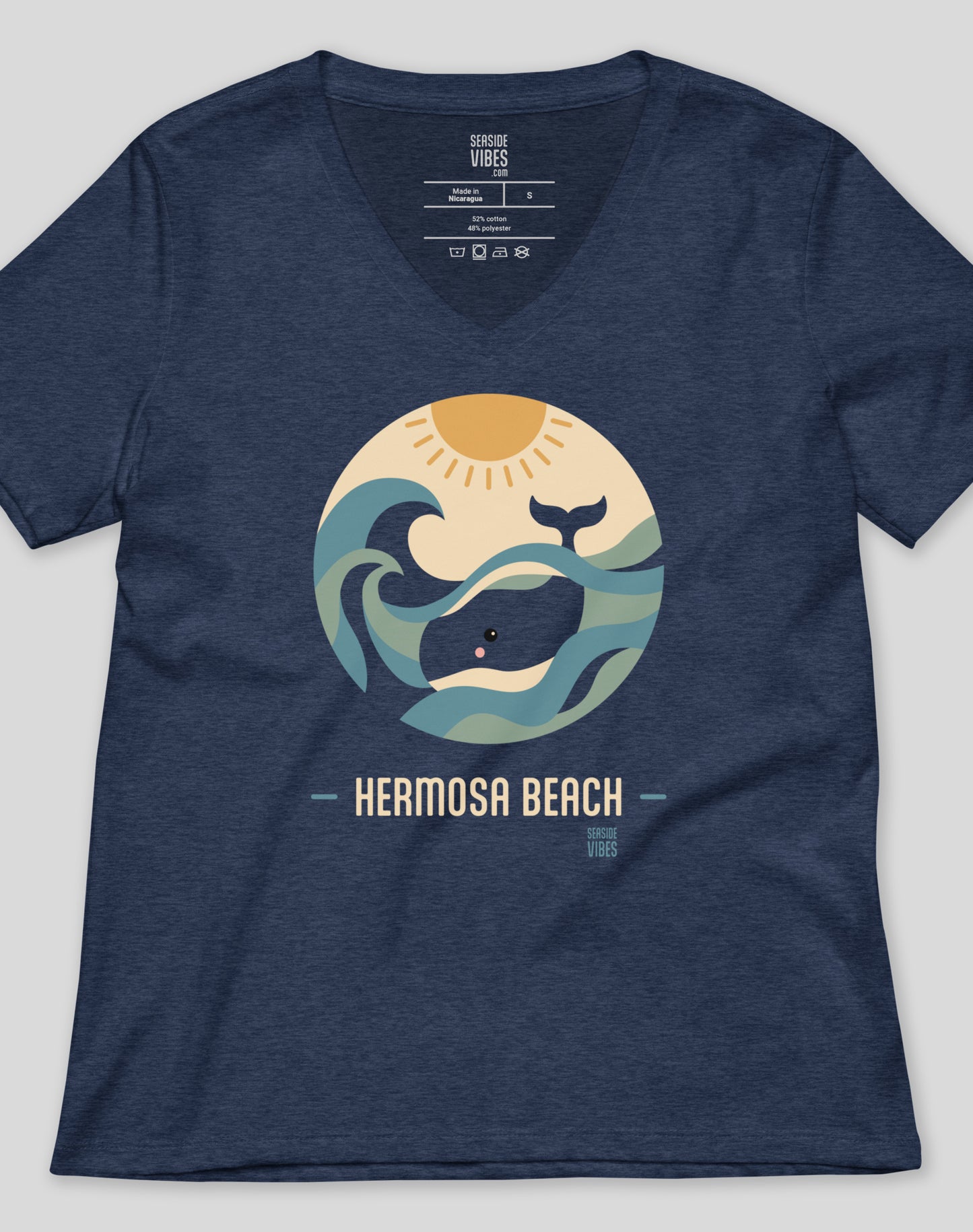 V-Neck: Hermosa Beach Whale Sunset Tee - Heather Navy
