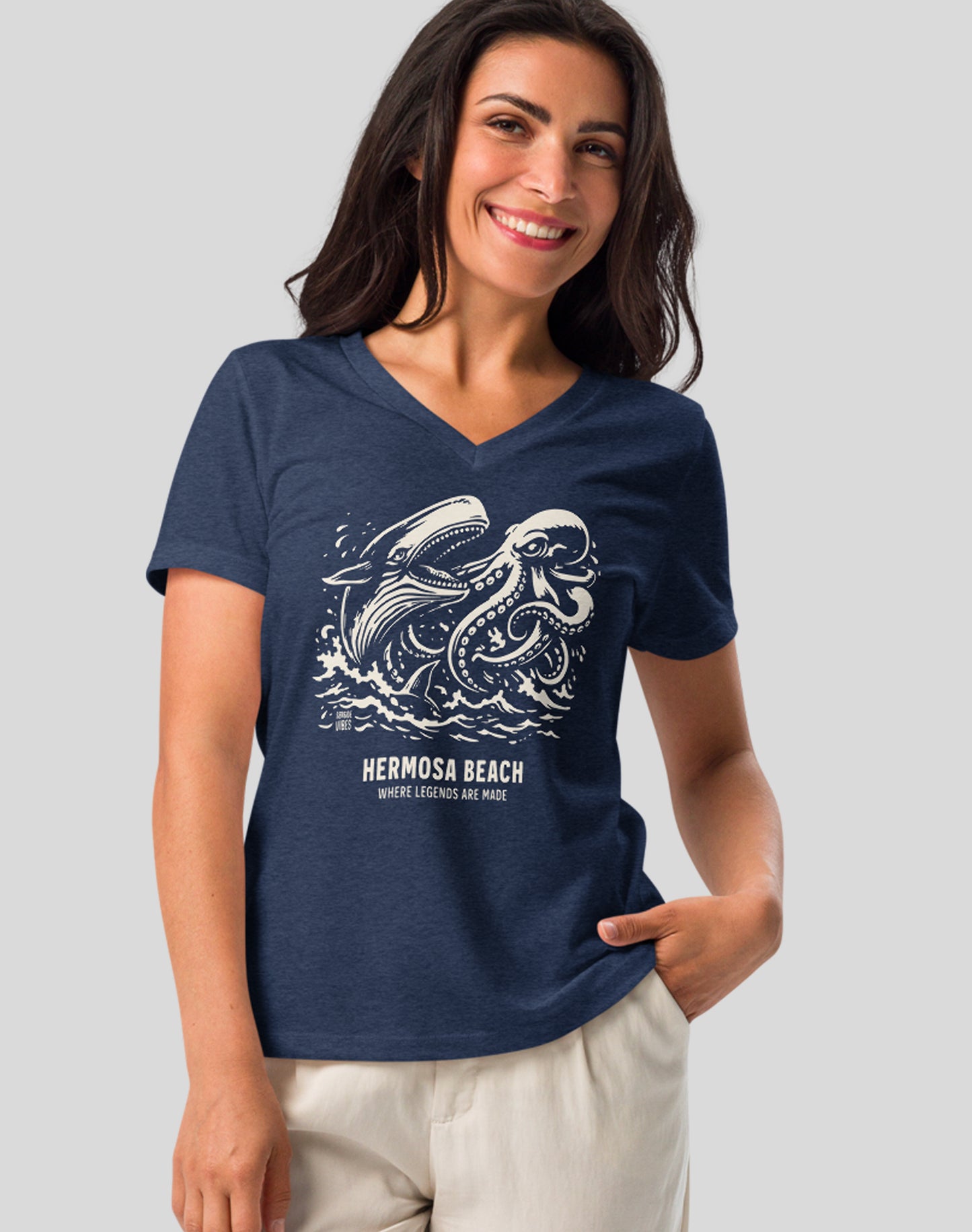 V-Neck: Hermosa Beach Octopus vs Whale Legends Tee | Heather Navy