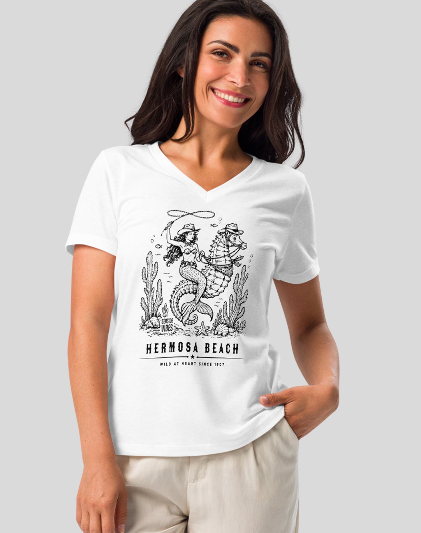 V-Neck: Hermosa Beach Wild at Heart Since 1907 Tee | White