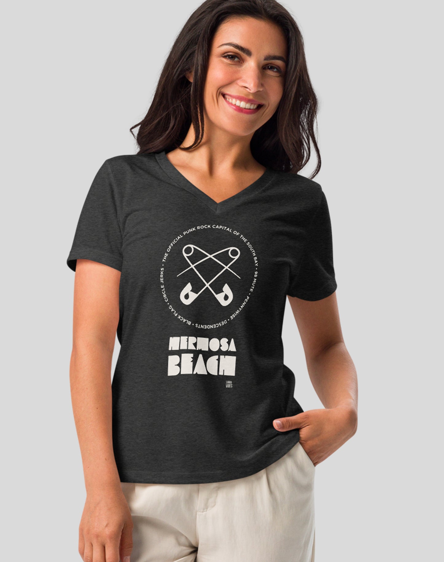 V-Neck: Hermosa Beach Punk Rock Tee - Dark Grey Heather
