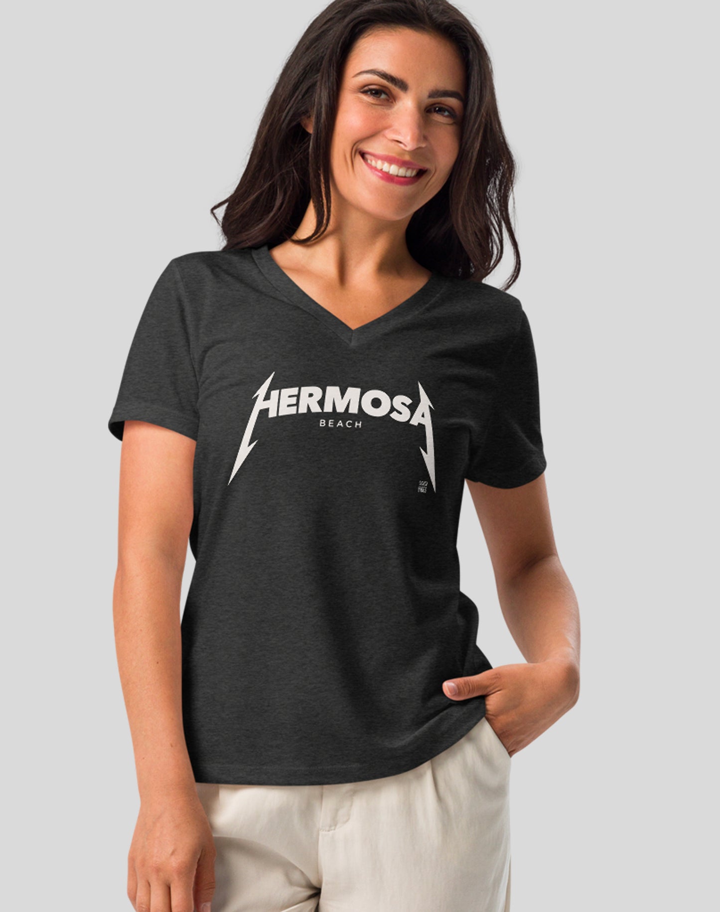 V-Neck: Hermosa Beach Rocks Tee - Dark Grey Heather