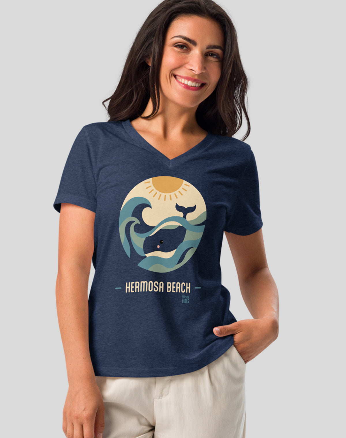 V-Neck: Hermosa Beach Whale Sunset Tee - Heather Navy