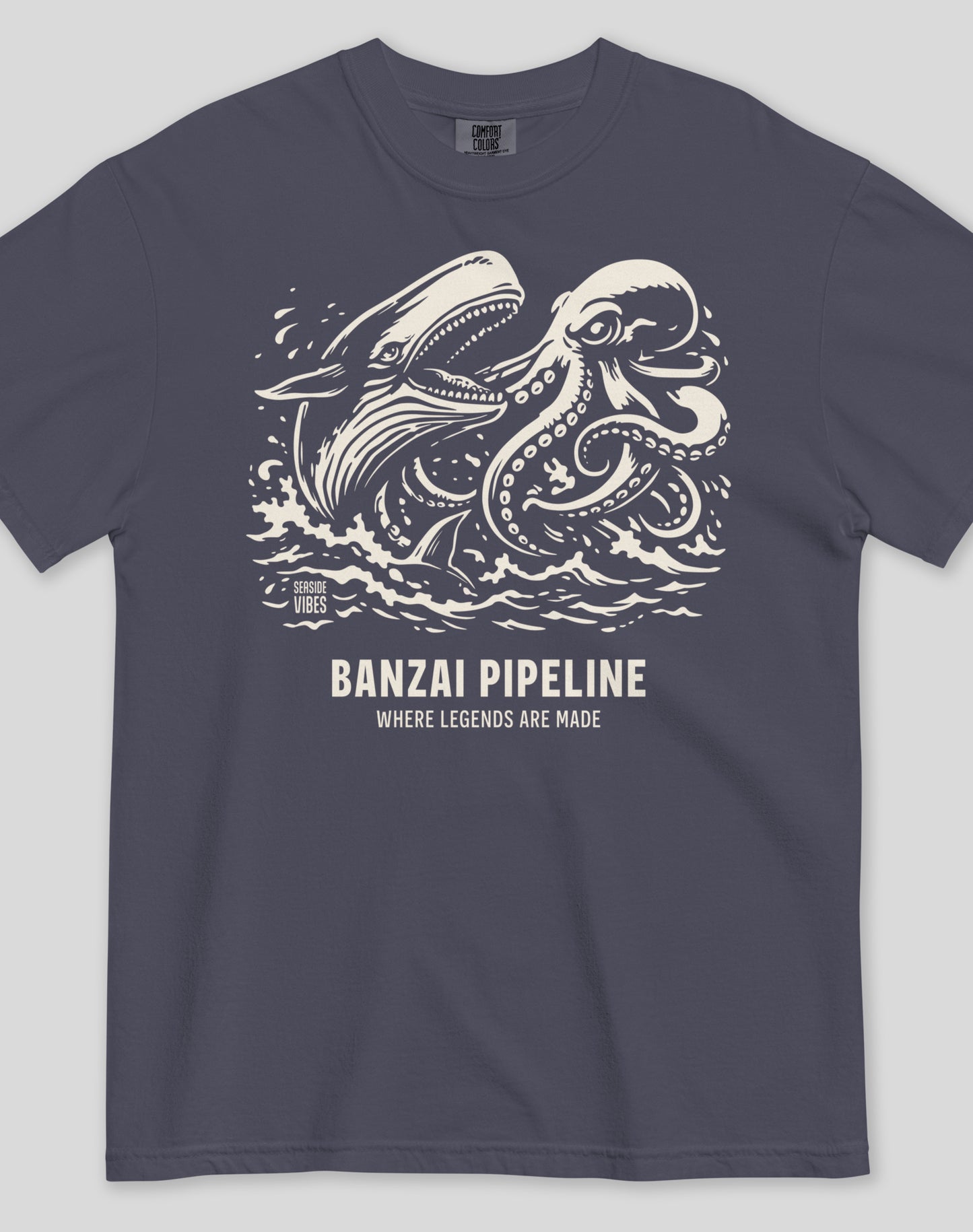 Unisex: Banzai Pipeline Octopus vs Whale Legends Tee - 100% Cotton | Navy