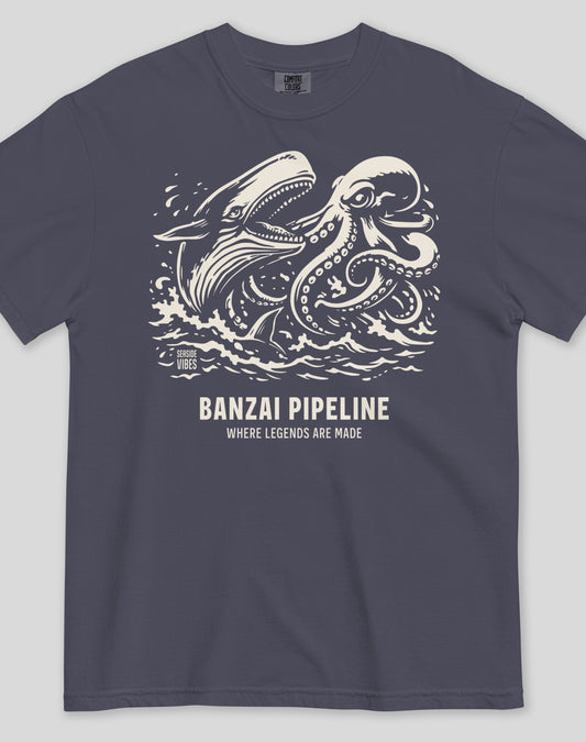Unisex: Banzai Pipeline Octopus vs Whale Legends Tee - 100% Cotton | Navy