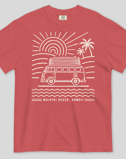 Unisex: Waikiki Beach Endless Summer Tee - 100% Cotton | Crimson