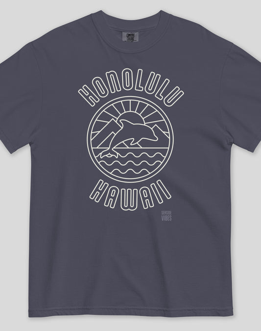 Unisex: Honolulu Dolphin Sunset Tee- 100% Cotton | Navy